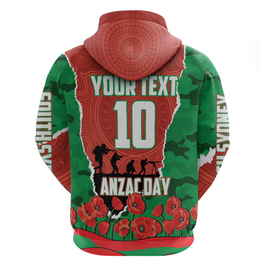 Personalized South Sydney Rabbitohs ANZAC Tribute Hoodie Poppy Field Soldier Silhouette Aboriginal Rugby Mascot