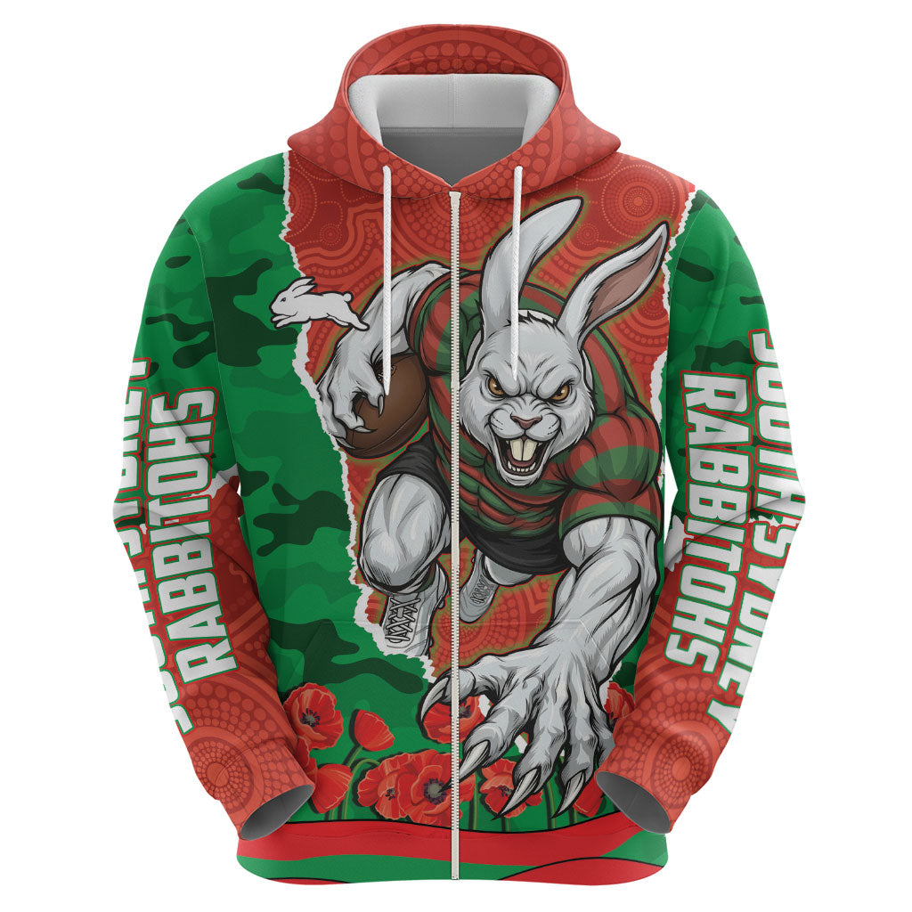 Personalized South Sydney Rabbitohs ANZAC Tribute Hoodie Poppy Field Soldier Silhouette Aboriginal Rugby Mascot