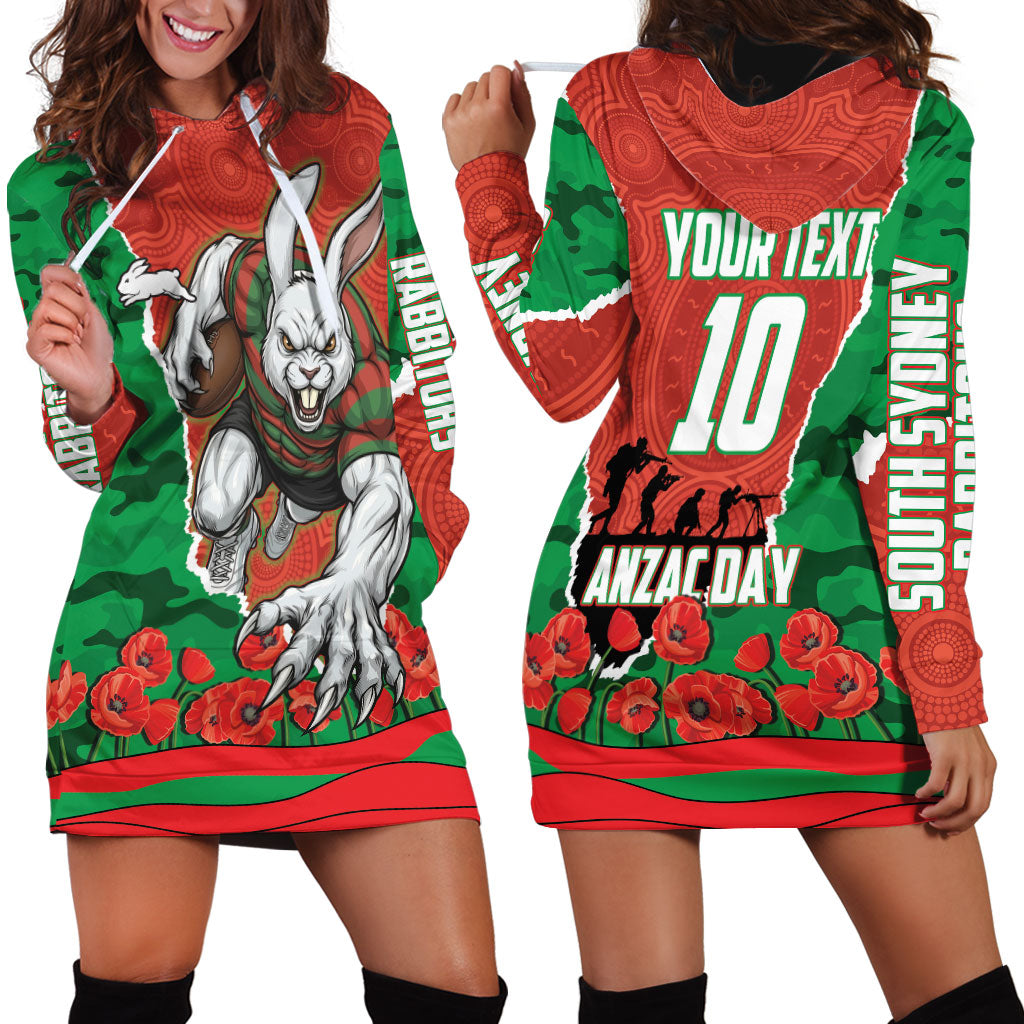 Personalized South Sydney Rabbitohs ANZAC Tribute Hoodie Dress Poppy Field Soldier Silhouette Aboriginal Rugby Mascot