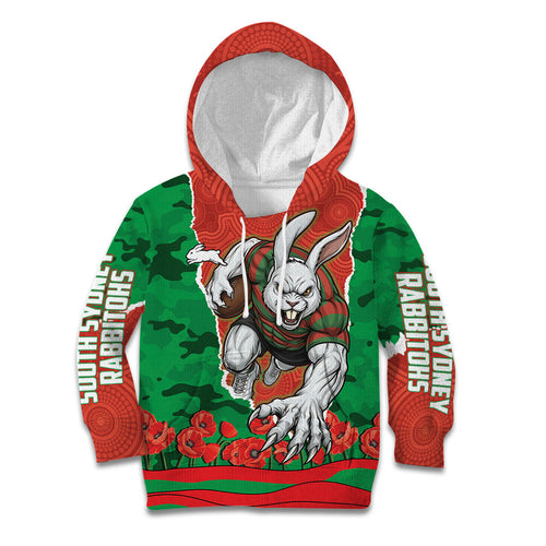 Personalized South Sydney Rabbitohs ANZAC Tribute Kid Hoodie Poppy Field Soldier Silhouette Aboriginal Rugby Mascot