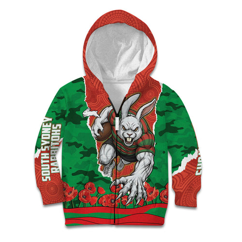 Personalized South Sydney Rabbitohs ANZAC Tribute Kid Hoodie Poppy Field Soldier Silhouette Aboriginal Rugby Mascot
