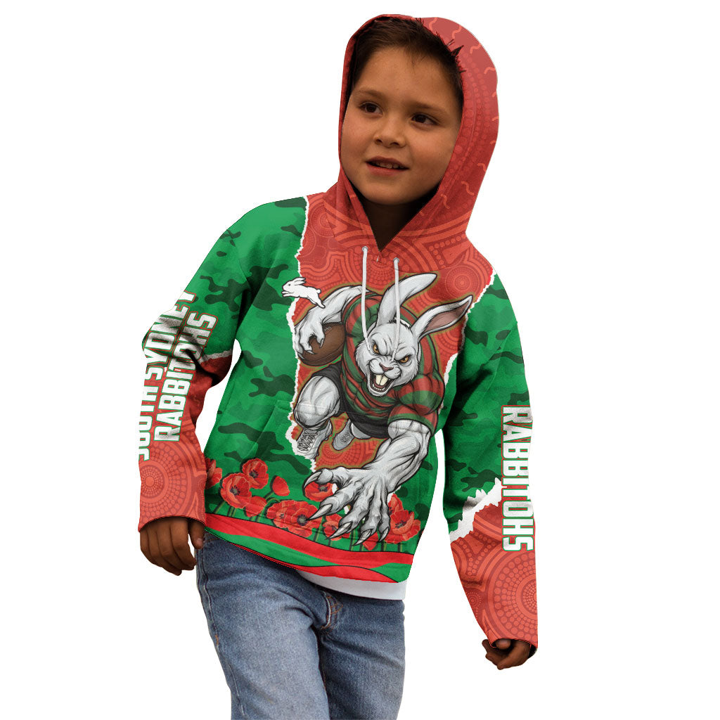 Personalized South Sydney Rabbitohs ANZAC Tribute Kid Hoodie Poppy Field Soldier Silhouette Aboriginal Rugby Mascot