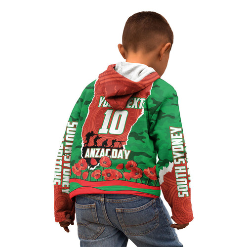 Personalized South Sydney Rabbitohs ANZAC Tribute Kid Hoodie Poppy Field Soldier Silhouette Aboriginal Rugby Mascot