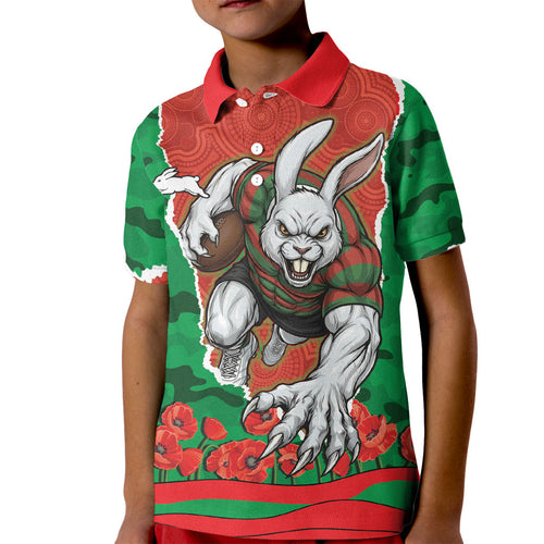 Personalized South Sydney Rabbitohs ANZAC Tribute Kid Polo Shirt Poppy Field Soldier Silhouette Aboriginal Rugby Mascot