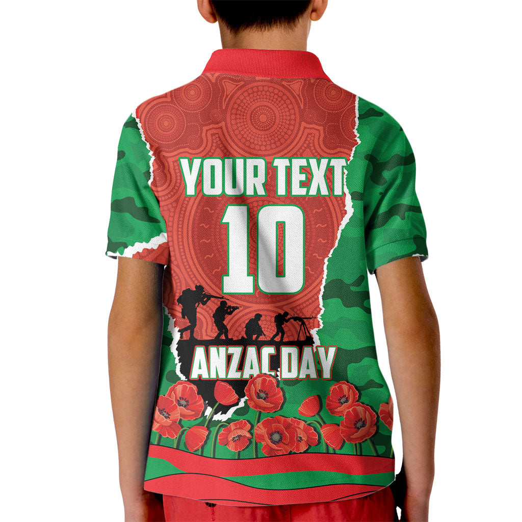 Personalized South Sydney Rabbitohs ANZAC Tribute Kid Polo Shirt Poppy Field Soldier Silhouette Aboriginal Rugby Mascot