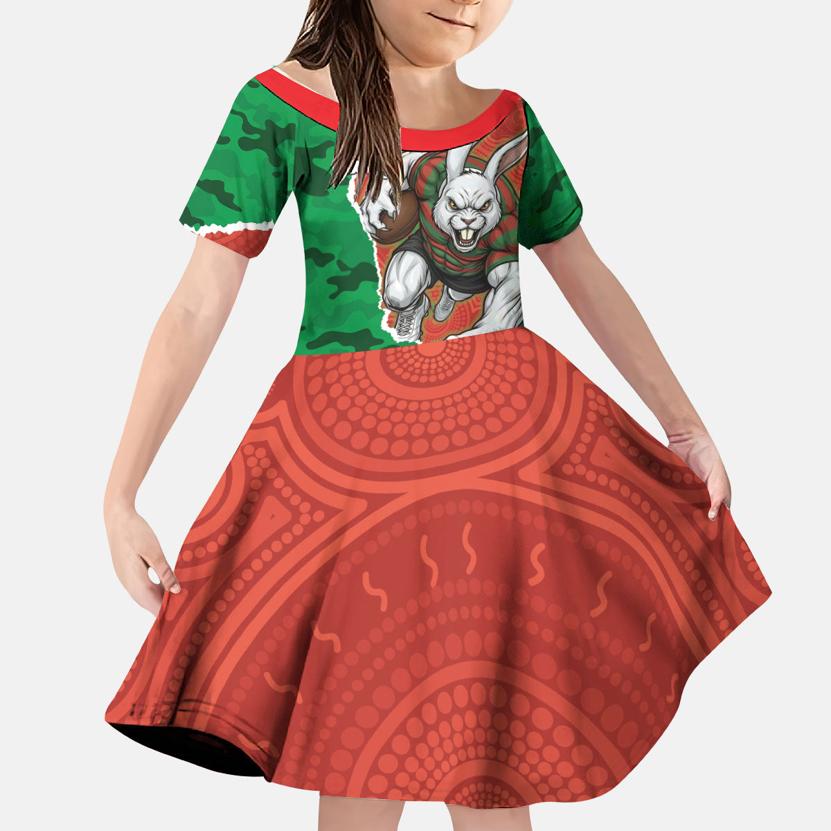 Personalized South Sydney Rabbitohs ANZAC Tribute Kid Short Sleeve Dress Poppy Field Soldier Silhouette Aboriginal Rugby Mascot