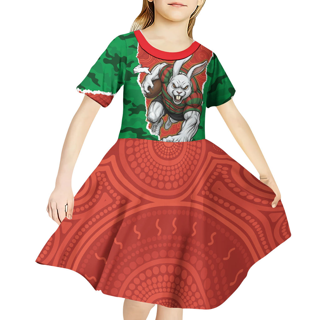 Personalized South Sydney Rabbitohs ANZAC Tribute Kid Short Sleeve Dress Poppy Field Soldier Silhouette Aboriginal Rugby Mascot