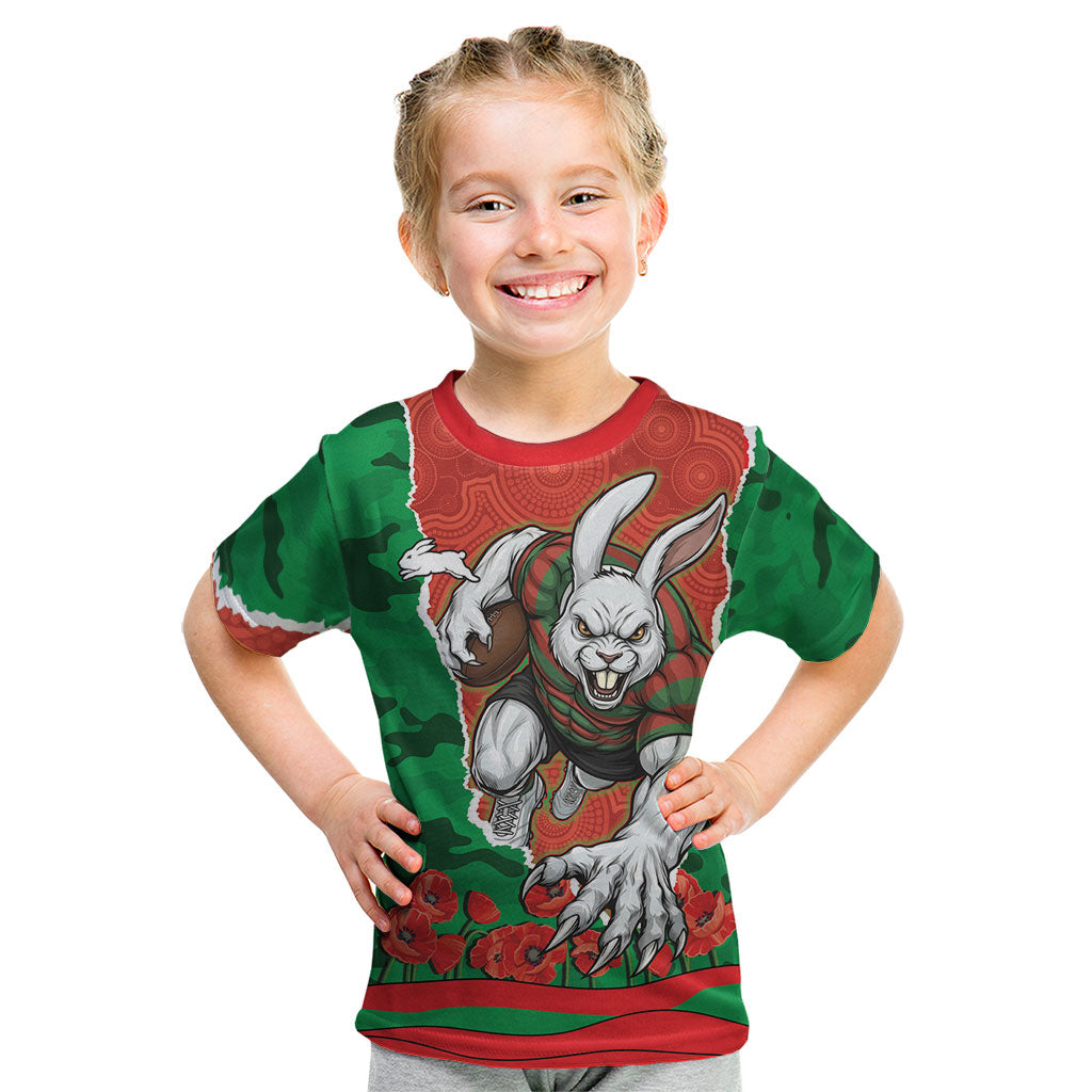 Personalized South Sydney Rabbitohs ANZAC Tribute Kid T Shirt Poppy Field Soldier Silhouette Aboriginal Rugby Mascot