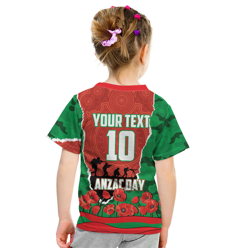 Personalized South Sydney Rabbitohs ANZAC Tribute Kid T Shirt Poppy Field Soldier Silhouette Aboriginal Rugby Mascot