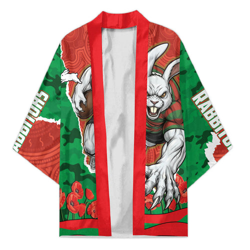 Personalized South Sydney Rabbitohs ANZAC Tribute Kimono Poppy Field Soldier Silhouette Aboriginal Rugby Mascot