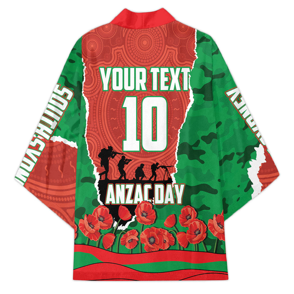 Personalized South Sydney Rabbitohs ANZAC Tribute Kimono Poppy Field Soldier Silhouette Aboriginal Rugby Mascot