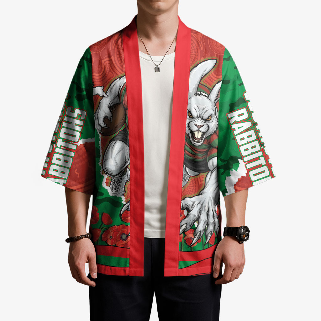 Personalized South Sydney Rabbitohs ANZAC Tribute Kimono Poppy Field Soldier Silhouette Aboriginal Rugby Mascot