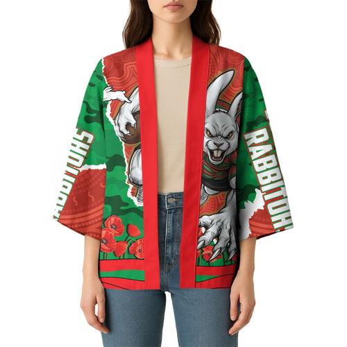 Personalized South Sydney Rabbitohs ANZAC Tribute Kimono Poppy Field Soldier Silhouette Aboriginal Rugby Mascot