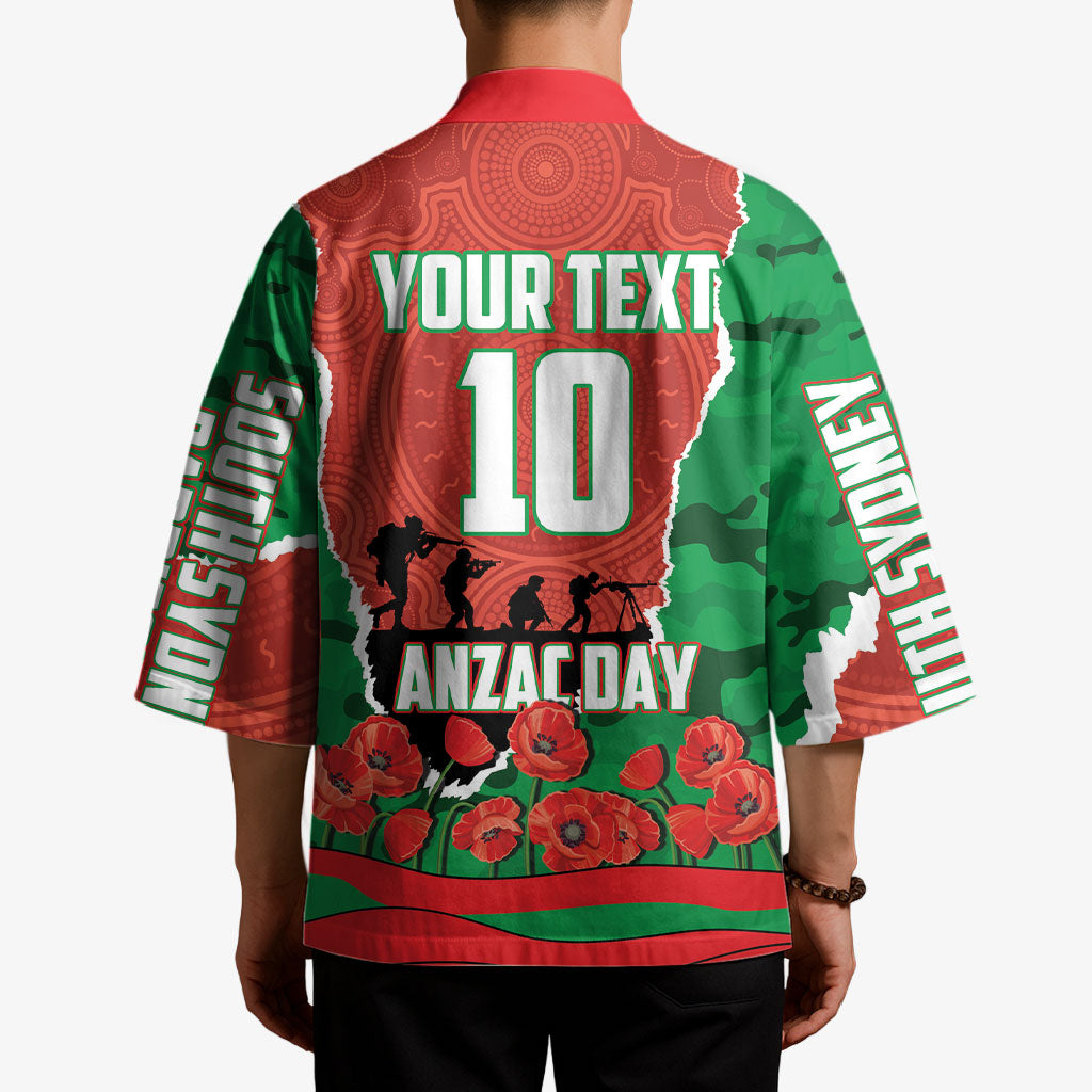 Personalized South Sydney Rabbitohs ANZAC Tribute Kimono Poppy Field Soldier Silhouette Aboriginal Rugby Mascot
