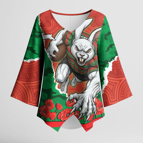 Personalized South Sydney Rabbitohs ANZAC Tribute Kimono Sleeve Blouse Poppy Field Soldier Silhouette Aboriginal Rugby Mascot