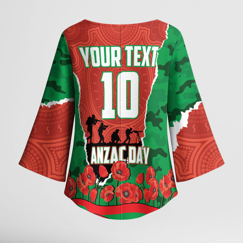 Personalized South Sydney Rabbitohs ANZAC Tribute Kimono Sleeve Blouse Poppy Field Soldier Silhouette Aboriginal Rugby Mascot