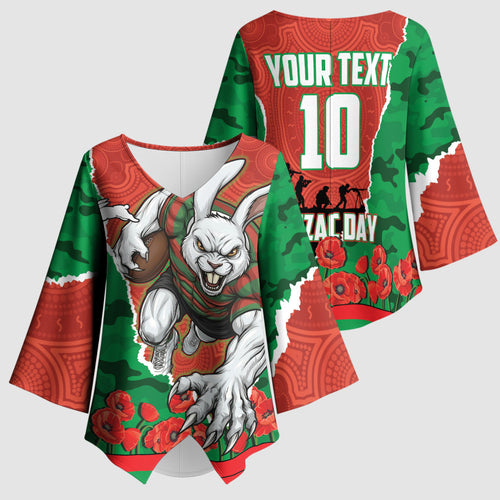 Personalized South Sydney Rabbitohs ANZAC Tribute Kimono Sleeve Blouse Poppy Field Soldier Silhouette Aboriginal Rugby Mascot