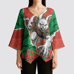Personalized South Sydney Rabbitohs ANZAC Tribute Kimono Sleeve Blouse Poppy Field Soldier Silhouette Aboriginal Rugby Mascot