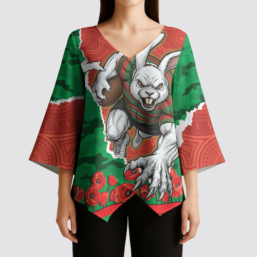 Personalized South Sydney Rabbitohs ANZAC Tribute Kimono Sleeve Blouse Poppy Field Soldier Silhouette Aboriginal Rugby Mascot
