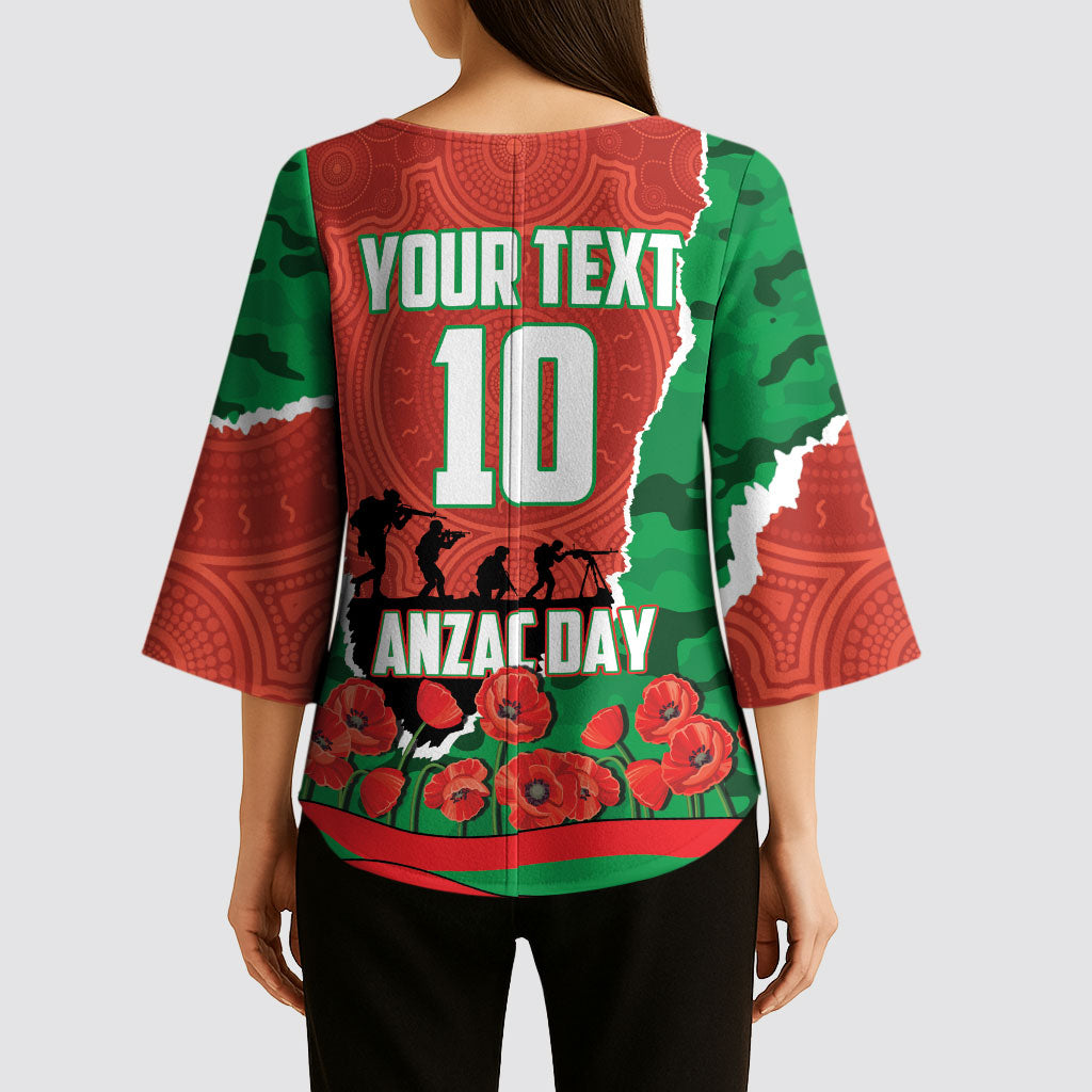Personalized South Sydney Rabbitohs ANZAC Tribute Kimono Sleeve Blouse Poppy Field Soldier Silhouette Aboriginal Rugby Mascot