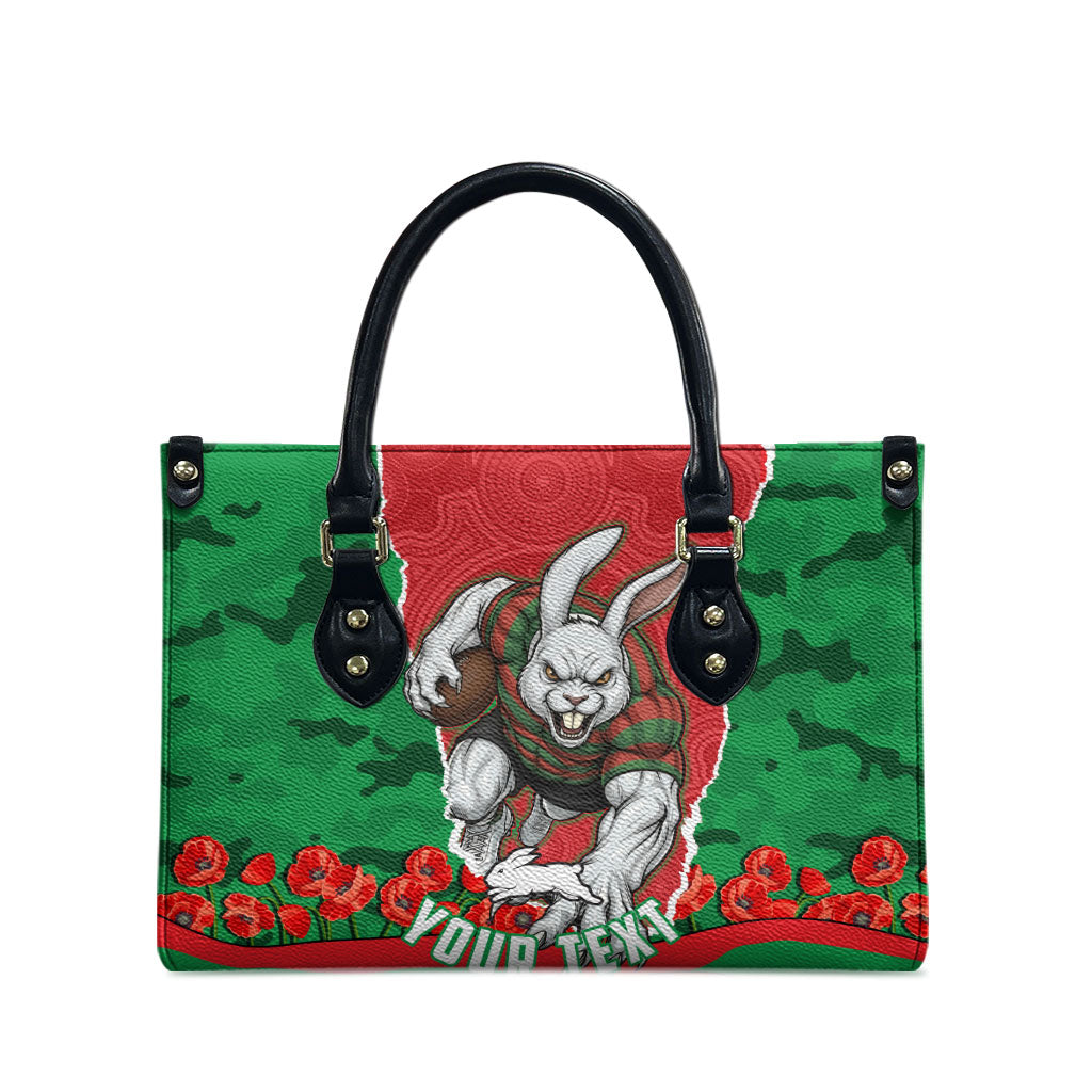 Personalized South Sydney Rabbitohs ANZAC Tribute Leather Bag Poppy Field Soldier Silhouette Aboriginal Rugby Mascot
