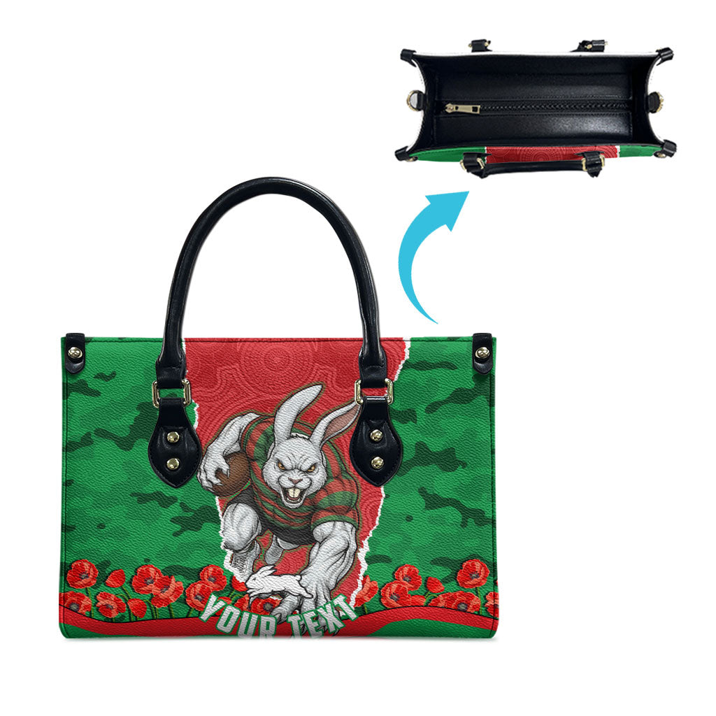 Personalized South Sydney Rabbitohs ANZAC Tribute Leather Bag Poppy Field Soldier Silhouette Aboriginal Rugby Mascot