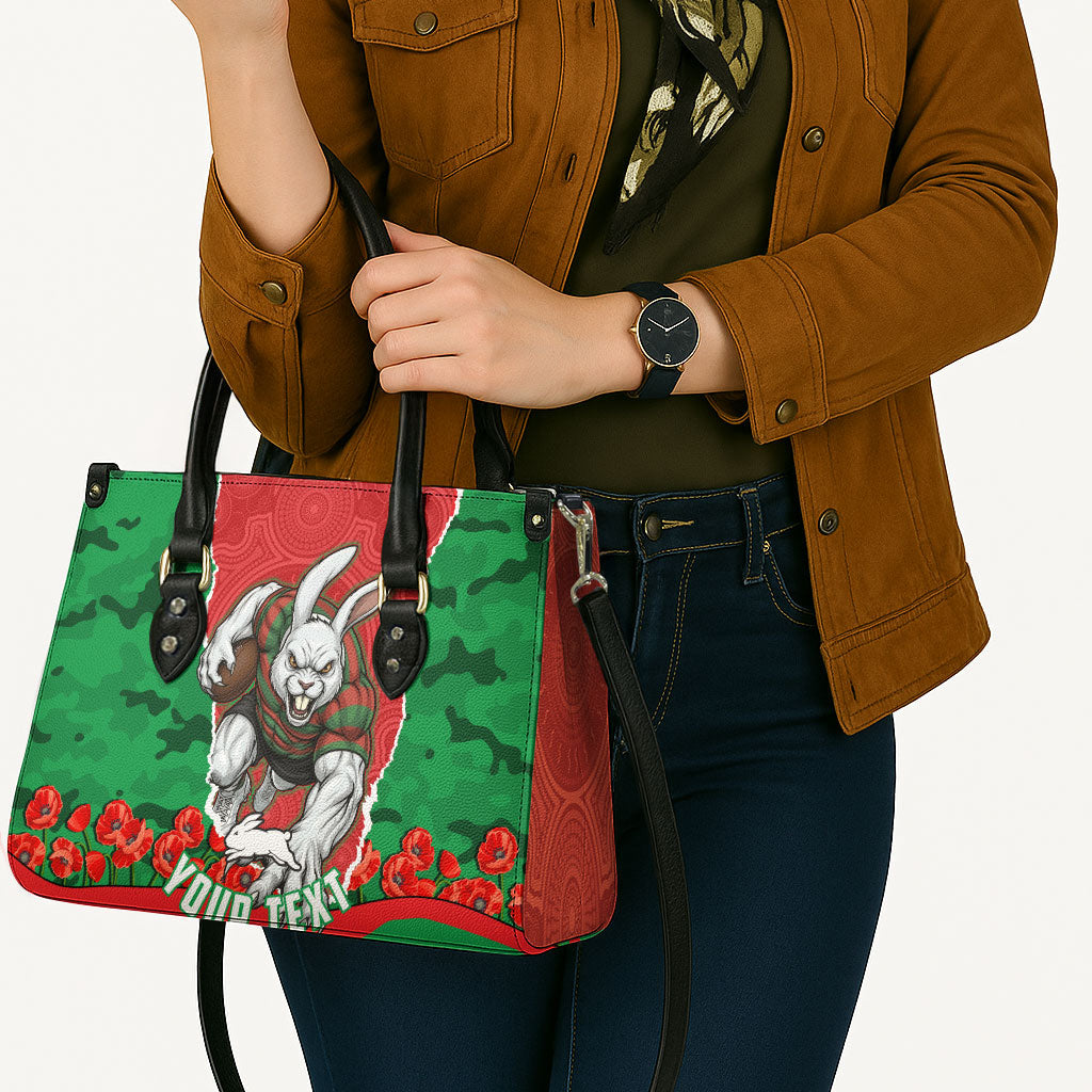 Personalized South Sydney Rabbitohs ANZAC Tribute Leather Bag Poppy Field Soldier Silhouette Aboriginal Rugby Mascot