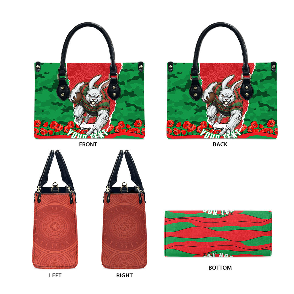 Personalized South Sydney Rabbitohs ANZAC Tribute Leather Bag Poppy Field Soldier Silhouette Aboriginal Rugby Mascot