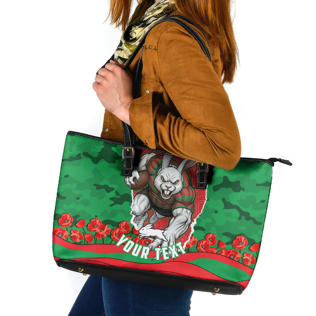 Personalized South Sydney Rabbitohs ANZAC Tribute Leather Tote Bag Poppy Field Soldier Silhouette Aboriginal Rugby Mascot
