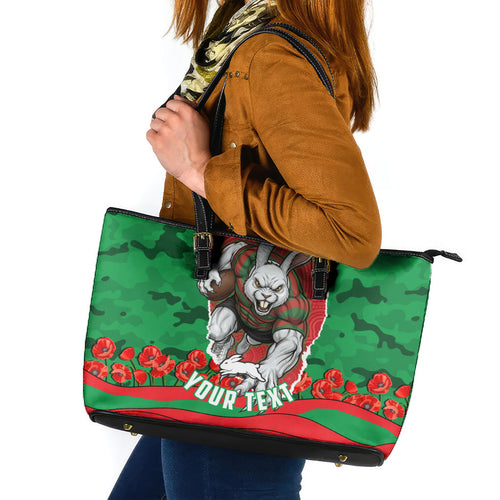 Personalized South Sydney Rabbitohs ANZAC Tribute Leather Tote Bag Poppy Field Soldier Silhouette Aboriginal Rugby Mascot