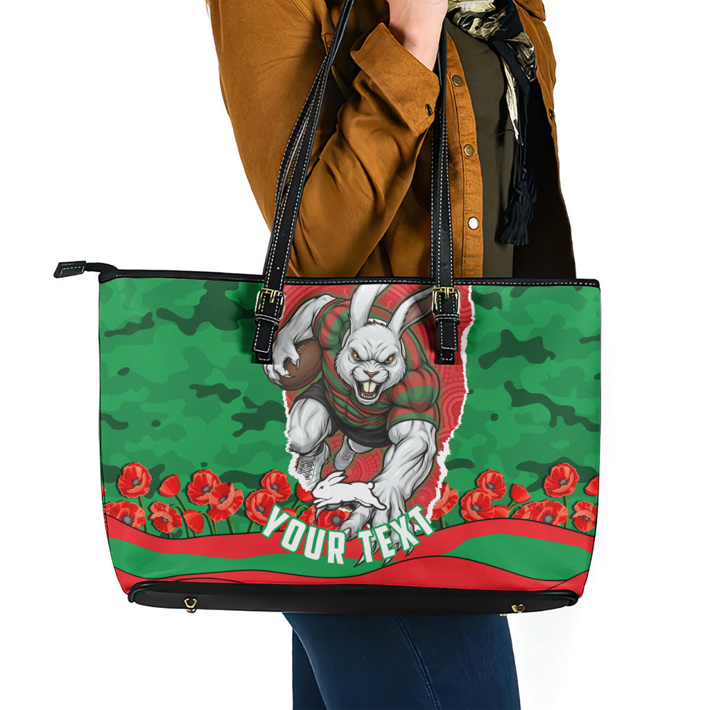 Personalized South Sydney Rabbitohs ANZAC Tribute Leather Tote Bag Poppy Field Soldier Silhouette Aboriginal Rugby Mascot
