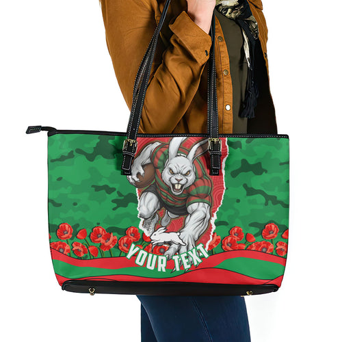Personalized South Sydney Rabbitohs ANZAC Tribute Leather Tote Bag Poppy Field Soldier Silhouette Aboriginal Rugby Mascot