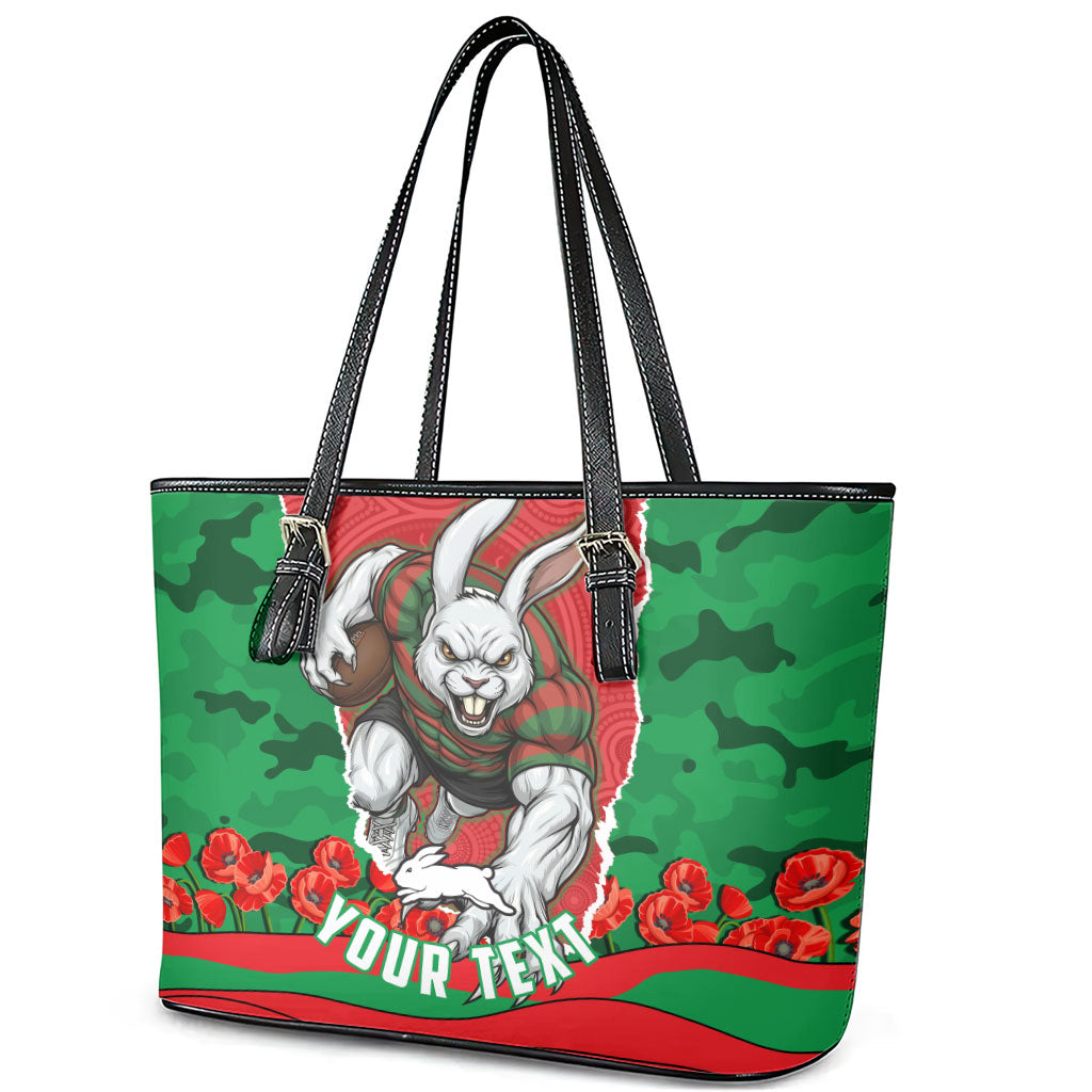 Personalized South Sydney Rabbitohs ANZAC Tribute Leather Tote Bag Poppy Field Soldier Silhouette Aboriginal Rugby Mascot