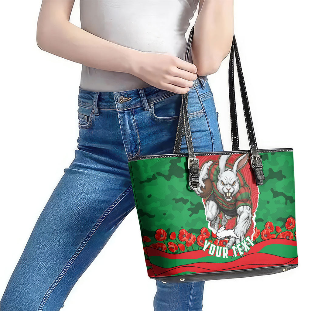 Personalized South Sydney Rabbitohs ANZAC Tribute Leather Tote Bag Poppy Field Soldier Silhouette Aboriginal Rugby Mascot