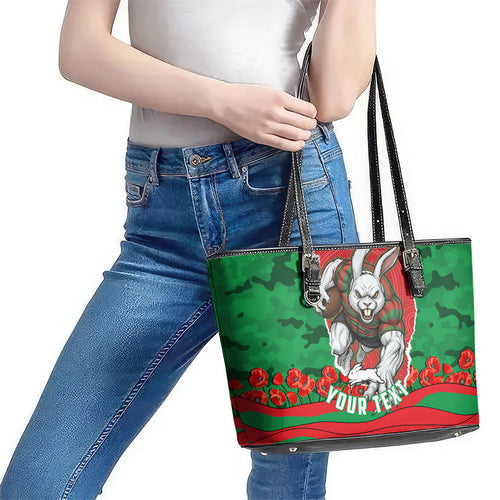 Personalized South Sydney Rabbitohs ANZAC Tribute Leather Tote Bag Poppy Field Soldier Silhouette Aboriginal Rugby Mascot