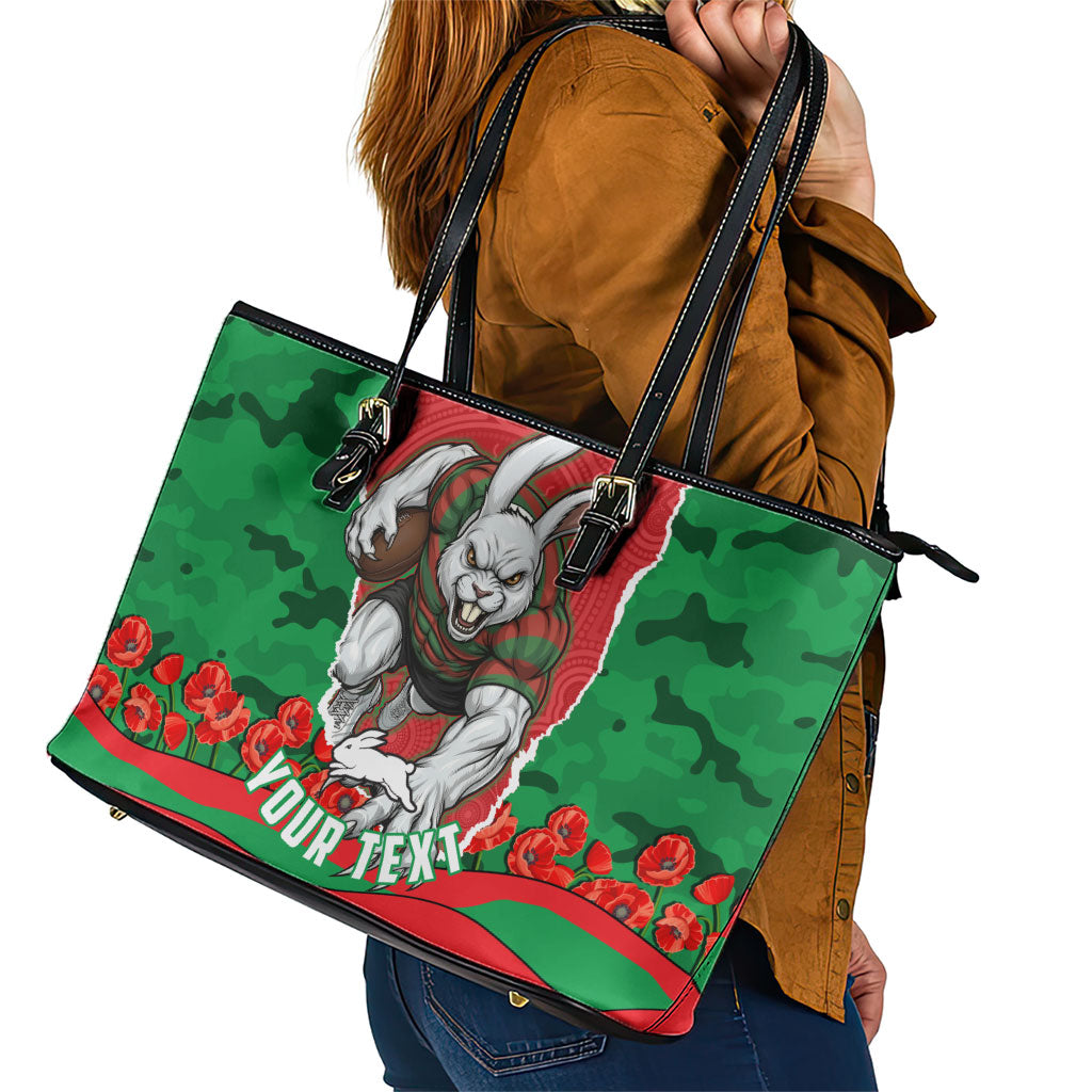 Personalized South Sydney Rabbitohs ANZAC Tribute Leather Tote Bag Poppy Field Soldier Silhouette Aboriginal Rugby Mascot