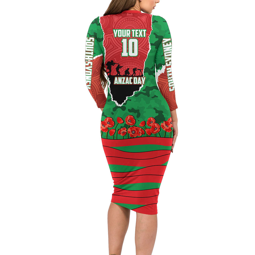 Personalized South Sydney Rabbitohs ANZAC Tribute Long Sleeve Bodycon Dress Poppy Field Soldier Silhouette Aboriginal Rugby Mascot