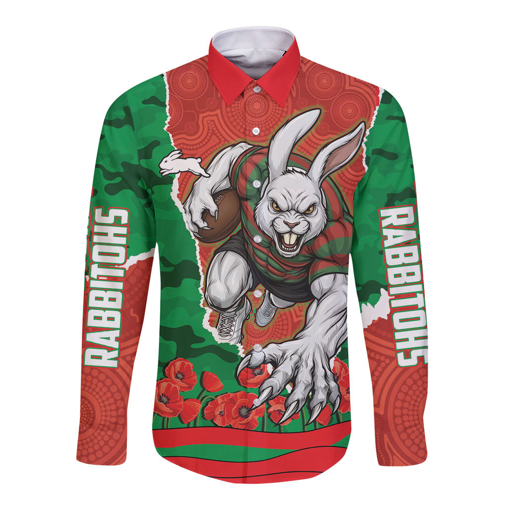 Personalized South Sydney Rabbitohs ANZAC Tribute Long Sleeve Button Shirt Poppy Field Soldier Silhouette Aboriginal Rugby Mascot