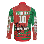 Personalized South Sydney Rabbitohs ANZAC Tribute Long Sleeve Button Shirt Poppy Field Soldier Silhouette Aboriginal Rugby Mascot
