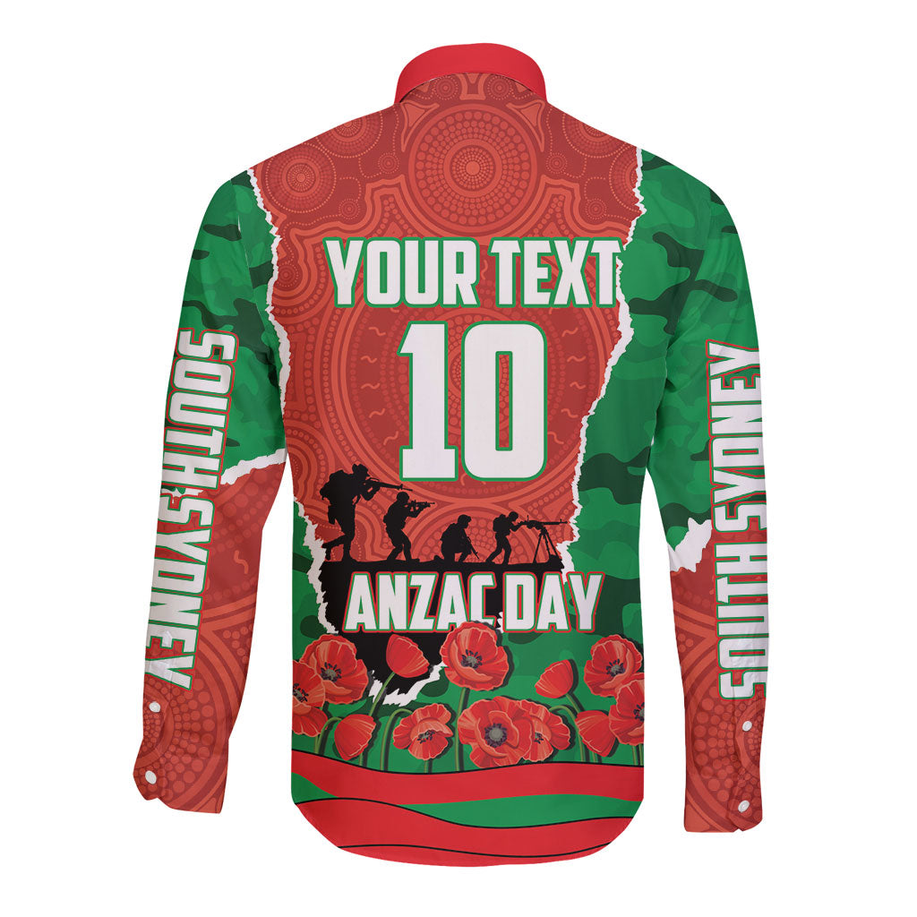 Personalized South Sydney Rabbitohs ANZAC Tribute Long Sleeve Button Shirt Poppy Field Soldier Silhouette Aboriginal Rugby Mascot