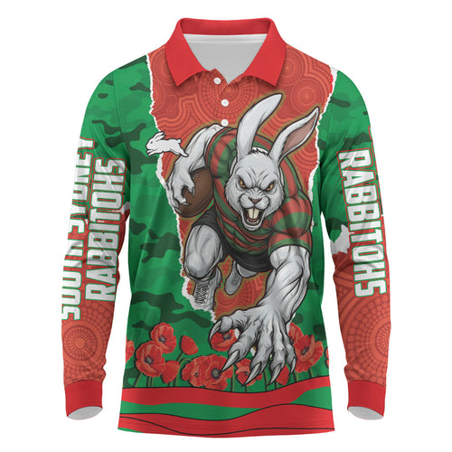 Personalized South Sydney Rabbitohs ANZAC Tribute Long Sleeve Polo Shirt Poppy Field Soldier Silhouette Aboriginal Rugby Mascot