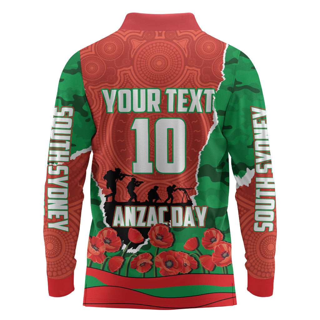Personalized South Sydney Rabbitohs ANZAC Tribute Long Sleeve Polo Shirt Poppy Field Soldier Silhouette Aboriginal Rugby Mascot