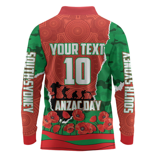 Personalized South Sydney Rabbitohs ANZAC Tribute Long Sleeve Polo Shirt Poppy Field Soldier Silhouette Aboriginal Rugby Mascot
