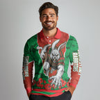Personalized South Sydney Rabbitohs ANZAC Tribute Long Sleeve Polo Shirt Poppy Field Soldier Silhouette Aboriginal Rugby Mascot