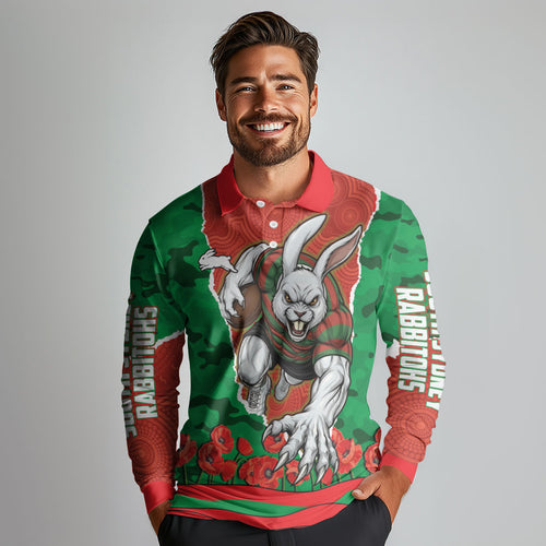Personalized South Sydney Rabbitohs ANZAC Tribute Long Sleeve Polo Shirt Poppy Field Soldier Silhouette Aboriginal Rugby Mascot