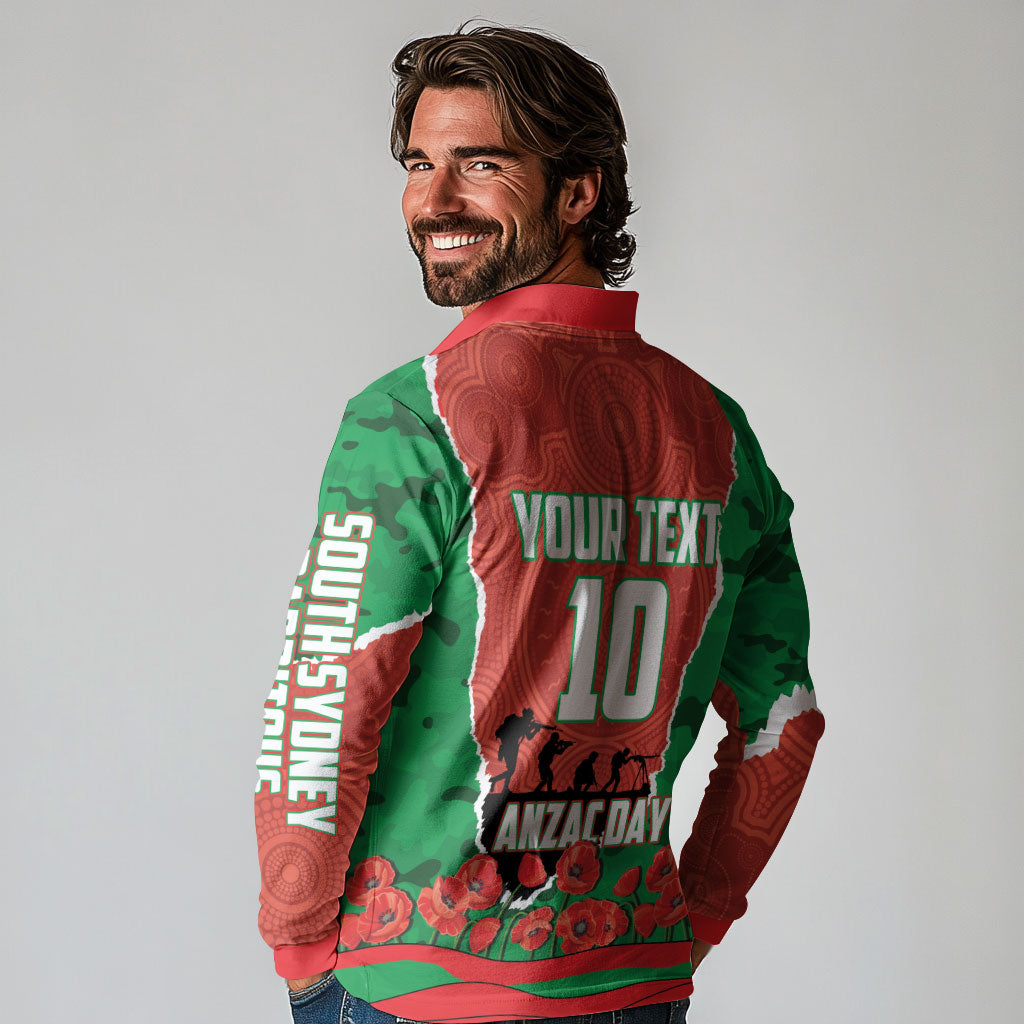 Personalized South Sydney Rabbitohs ANZAC Tribute Long Sleeve Polo Shirt Poppy Field Soldier Silhouette Aboriginal Rugby Mascot