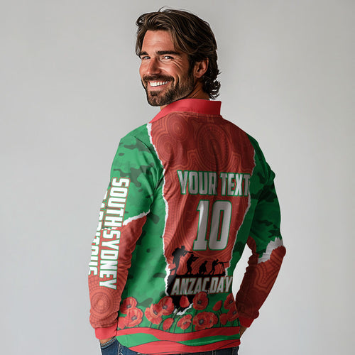 Personalized South Sydney Rabbitohs ANZAC Tribute Long Sleeve Polo Shirt Poppy Field Soldier Silhouette Aboriginal Rugby Mascot