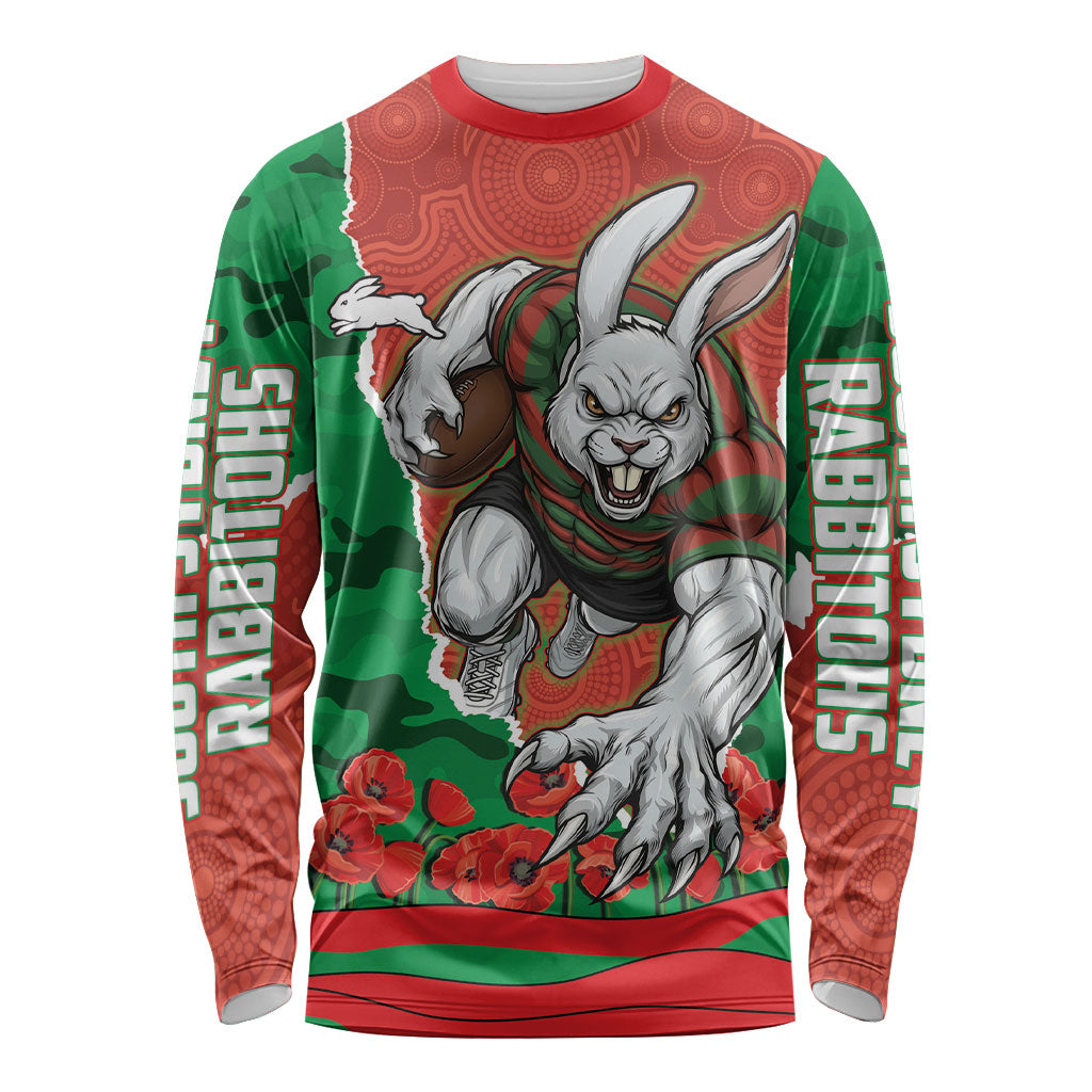 Personalized South Sydney Rabbitohs ANZAC Tribute Long Sleeve Shirt Poppy Field Soldier Silhouette Aboriginal Rugby Mascot