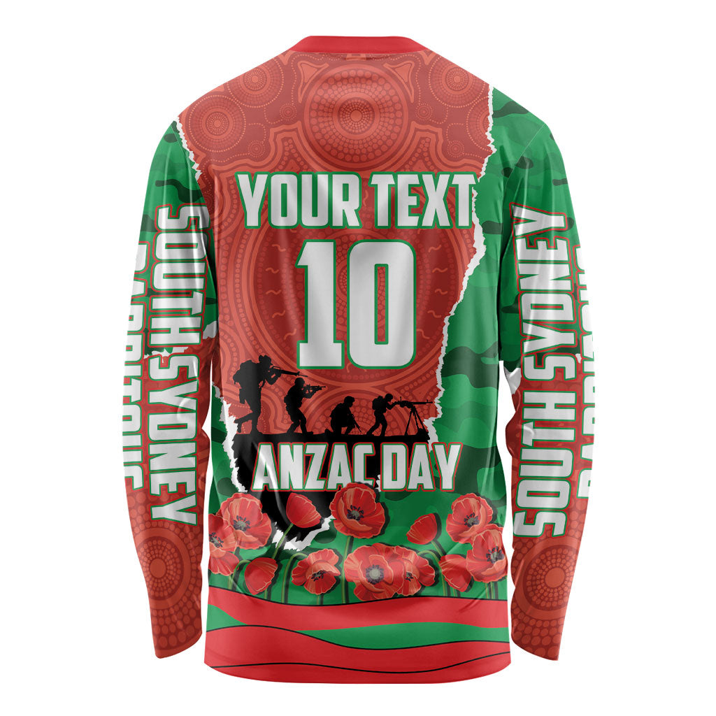 Personalized South Sydney Rabbitohs ANZAC Tribute Long Sleeve Shirt Poppy Field Soldier Silhouette Aboriginal Rugby Mascot