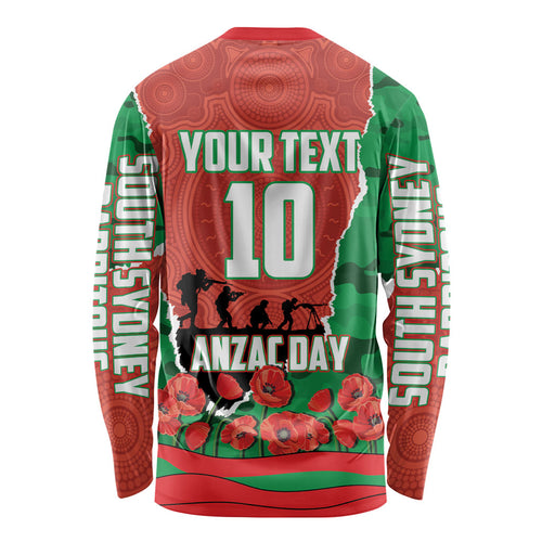 Personalized South Sydney Rabbitohs ANZAC Tribute Long Sleeve Shirt Poppy Field Soldier Silhouette Aboriginal Rugby Mascot
